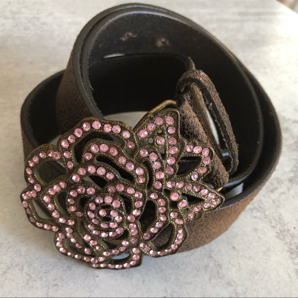 Accessories - Brown Leather Belt Pink Glitz Bling Rhinestone Buckle Large